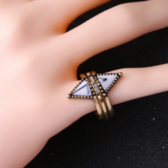 New Stackable Marble White Stone Bronze Ring - Picture 3 of 5